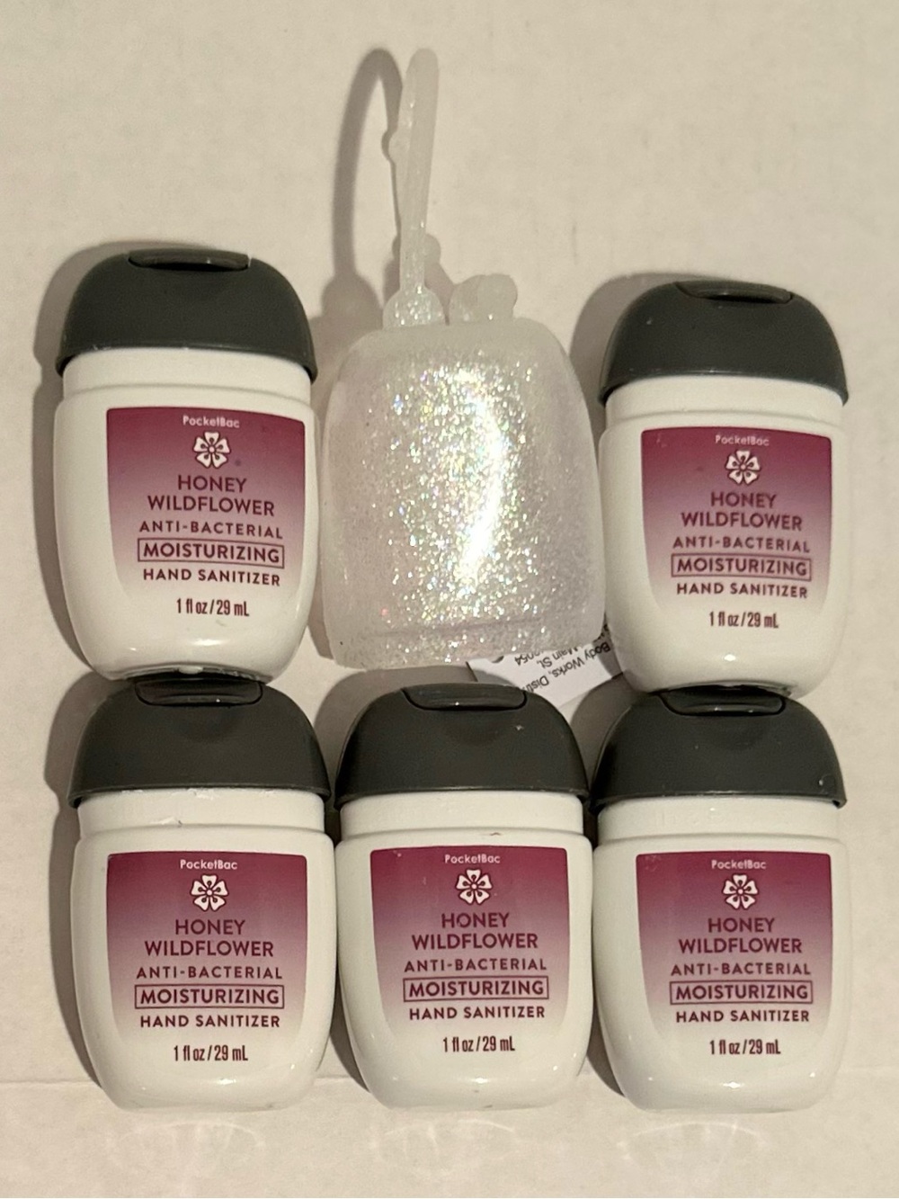 Bath & Body NEW (5) Honey Wildflower Moisturizing Sanitizers & Iridescent Holder